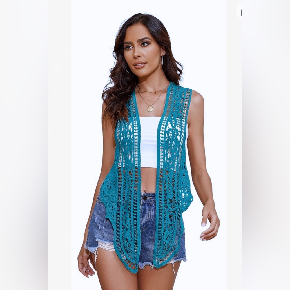 Turquoise Crochet Vest - Floral Pattern Boho Bohemian Vest
